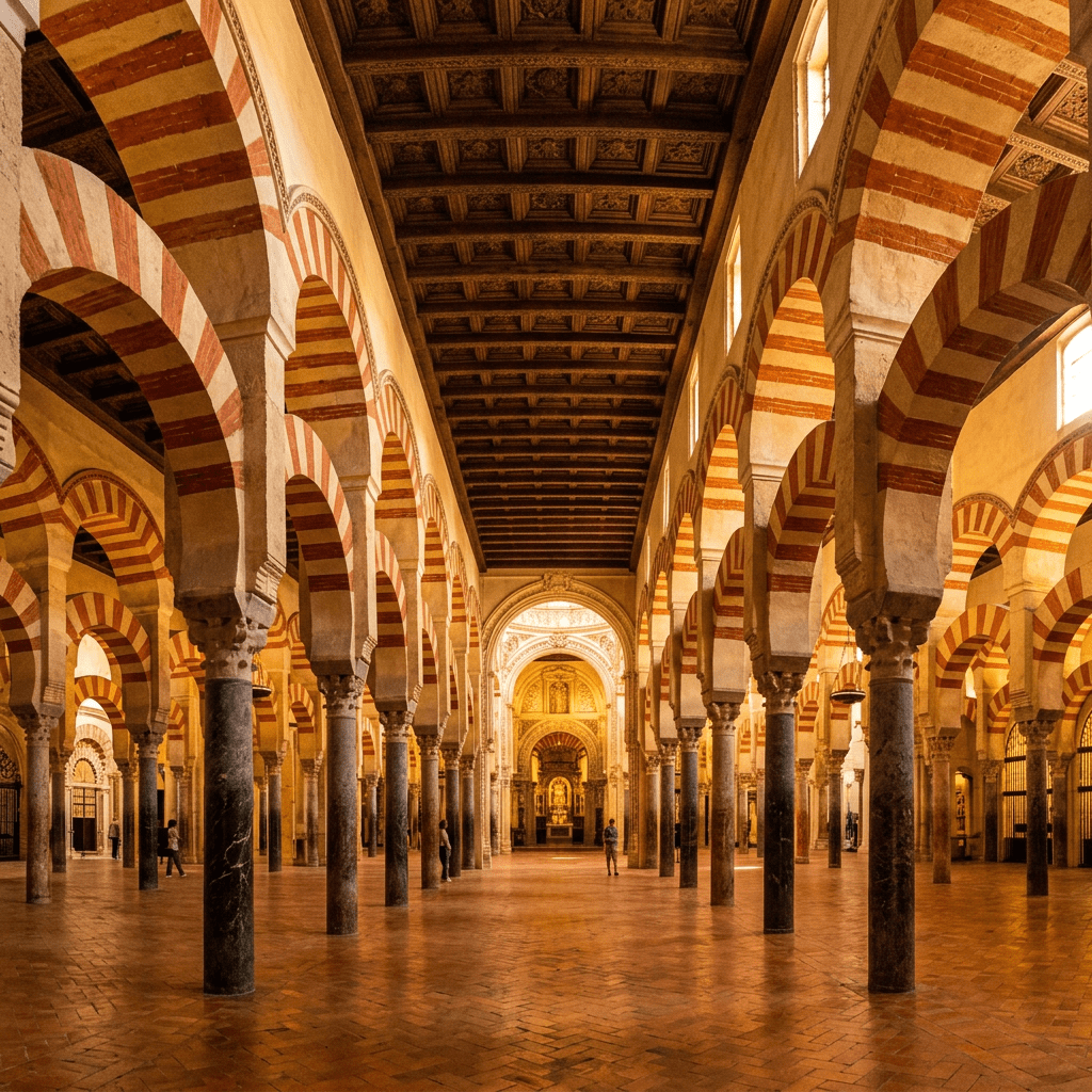 Interior view of the Great Mosque featuring red-and-white striped horseshoe arches and marble columns