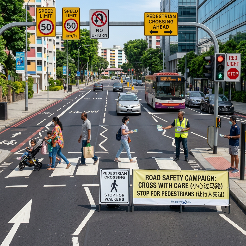 Pedestrians crossing a city street with road safety banners and signs